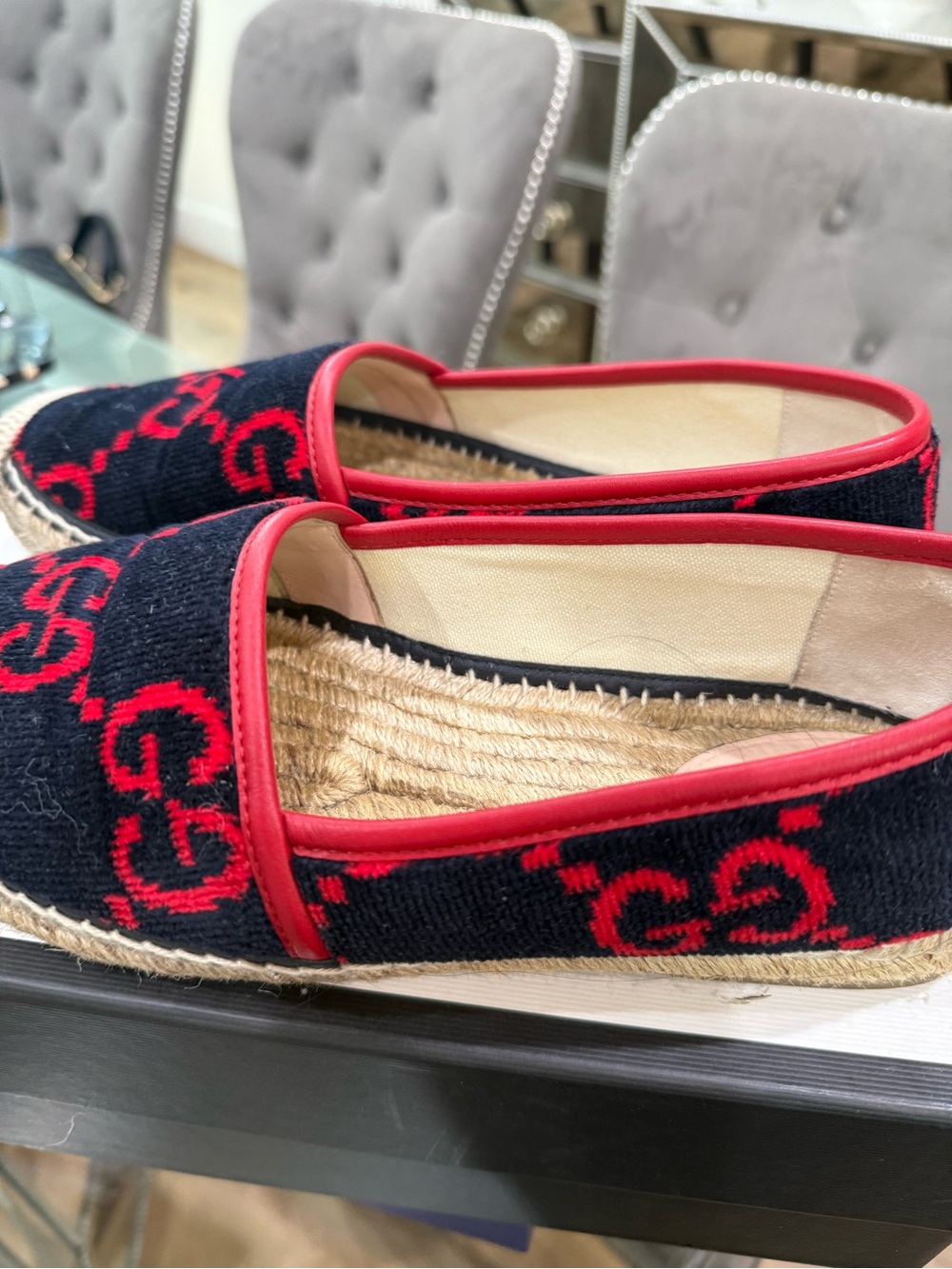 Gucci Red & Navy GG Canvas Espadrille Flats